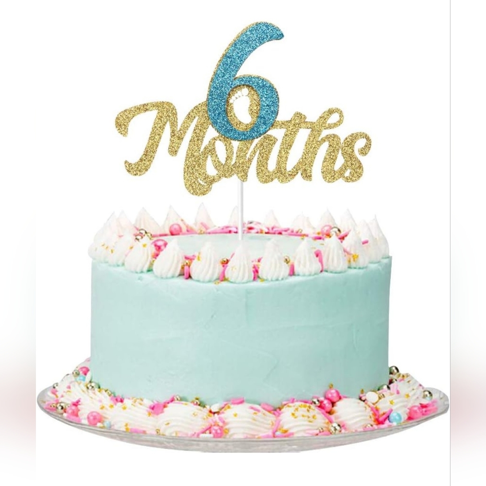 Gold Glitter 6 Months Cake Topper - Half Year Cake Topper, 1/2 Birthday Cake Top